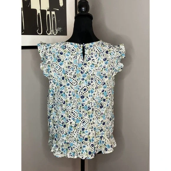 Solitaire Embroidered Eyelet Babydoll Top Peplum Ruffles Blue Green Floral XL - Picture 7 of 10